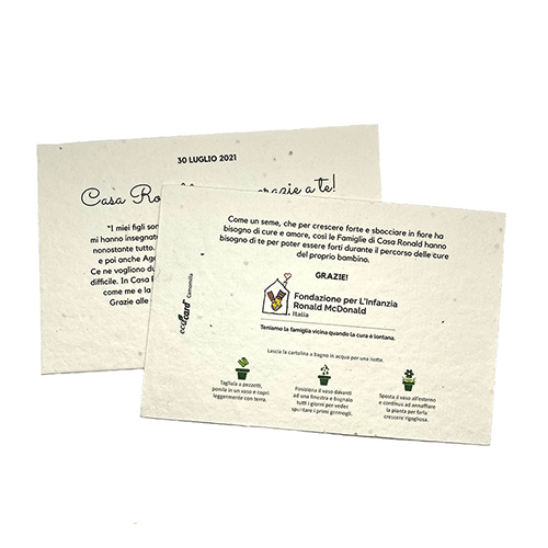 Cartoline in carta di semi piantabile Eco-Card realizzate per la Fondazione per L’Infanzia Ronald McDonald.
